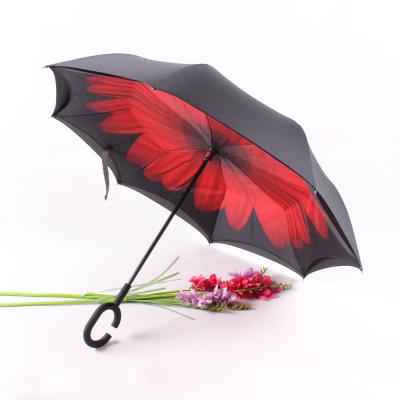 China Custom Pongee Newly-developed Printing C Style Handle Upside Down Inverted Umbrella for sale