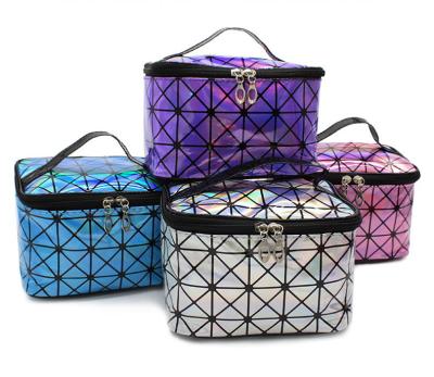 China Fashion Laser Waterproof Shiny Geometric Train Cosmetic Makeup Filter Frames Glitter Travel Makeup Bag Organizer Women Hanging Toiletry Bag for sale