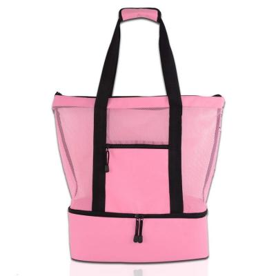 China Fashion Wholesale Large Pink Branded Wet Dry Beach Bag With Cooler Compartment Summer Custom Mesh Insulated Net Beach Tote Bag For Women for sale