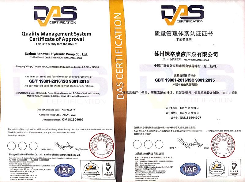 ISO9001 - Suzhou Renowell Hydraulic Pump Co., Ltd.