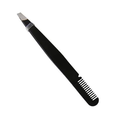 China Eyebrow Customized Comb Anti-static Black Stainless Steel Tipped Eyebrow Eyelash Tweezers Eyebrow Tweezers With Comb for sale