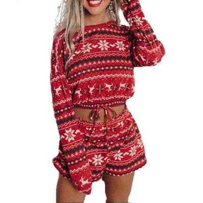 China Anti-Wrinkle Wholesale Sika Deer Print Sweater Cord Knit Top Knitwear Set Crop Sweaters And Shorts For Women for sale