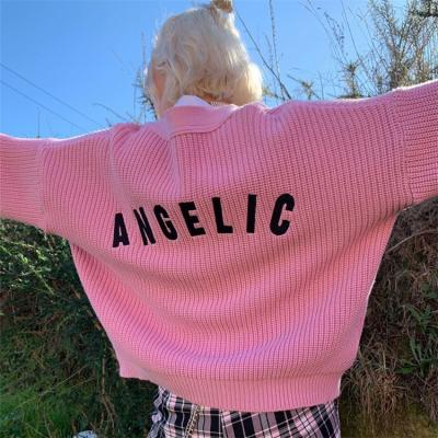 China Factory Customized Fashion V-Neck Sleeve Girls Breathable Long Knitted Button Sweater Letter Embroidery Loose Cardigan for sale