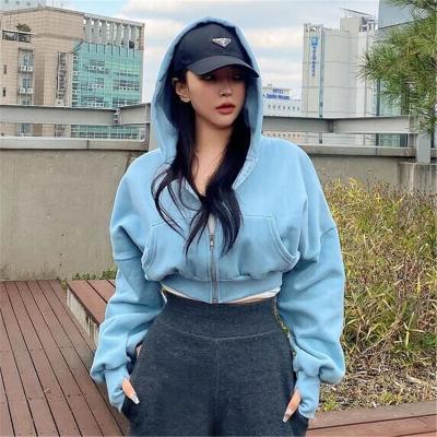 China 2021 Breathable Fashionable Blank Zipper Cropped Women Hoodies With Fleece for sale