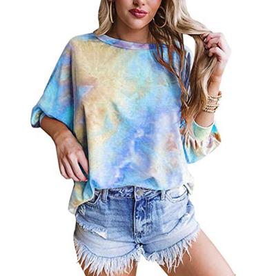 China 2021 New Women Breathable Tied Dyed 3/4 Sleeves Loose Casual T-shirt Blouse Women for sale