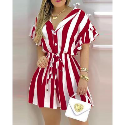 China Women Summer Anti-Static Casual Short Sleeve Button Deep V-neck Bandage Mini Striped Dress for sale