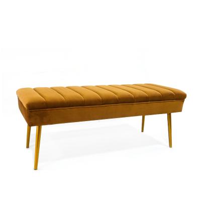 China 2020 Modern French Living Room Area Velvet Bread Shape Long Stool Sofa Legs Gold Multifunctional Custom Mental Yellow Bedroom Fabric Chair Bench for sale