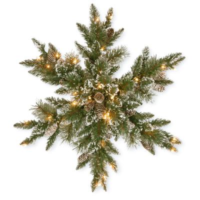 China Durable 32 Inch Pre-Bed Artificial Christmas Snowflake Star Garland With Glittery Pine Pile Lights White Pine Cones Frosted Branches for sale