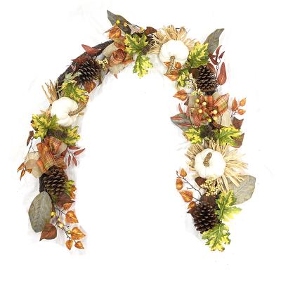 China 2021 Newcomers Festival Decor 183cm Natural Fall Fall Garland Moss Pumpkin Pine Cone Plaid Bow Ribbon Maple Leaf Canvas Decor for sale