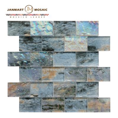 China New Design Iridescent Bule Parquet Iridescent Bule Glass Wall Tile Backsplash Bathroom Decortion Wall Slab Pool Mosaics Wall Border for sale