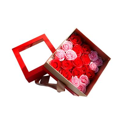 China Handmade Custom Window Valentine Ribbon Flower Gift Box Logo Square Red Cardboard Packaging for sale