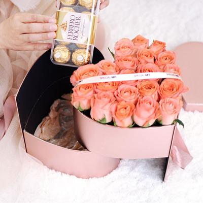 China Handmade Romantic Heart Shaped Rose Flower Pink Cardboard Ribbon Gift Box Paper Packaging Double Layer With PVC Window for sale