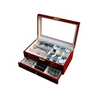 China Luxury Wholesale 6+3 Window Clear Slots Red Luxury Jewelry Glasses Display Wooden Watch Storage Box for sale