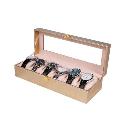 China Custom Logo Leather PU Leather 6 Slots Watch Display Gold Plastic Watch Box For Gift Packing for sale