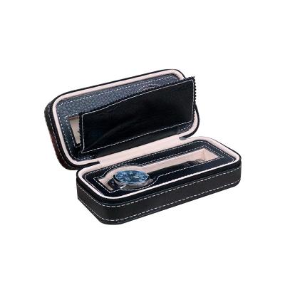 China Hot Sale Luxury PU Leather Trim 2 Slots Watch Box Zipper Plastic Watch Organizer Gift Packaging for sale