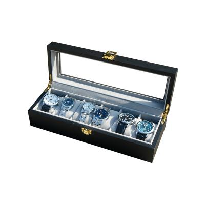 China Luxury Hot Sale 6 Slots Wrist Watch Storage Box Display Case Black Wooden Watch Box With Lock for sale