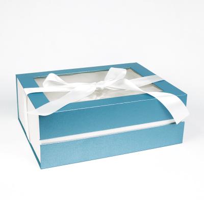 China Recyclable In Stock Blue Wedding Keepsake Box Ribbon Cardboard Packaging White Gift Box With Window for sale