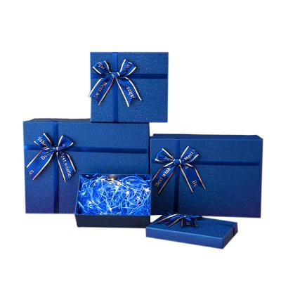 China Handmade High Quality Rectangle Paper Keepsake Valentines Deep Blue Wedding Gift Box With Ribbon for sale