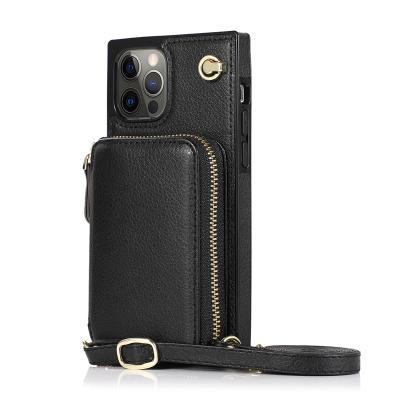 China Wallet Shockproof Cover For iPhone 12 Pro Max Card Holder Case With Cross - Body Strap Leather Purse For Women Protector Case for sale