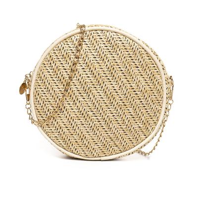 China High quality 2021 autumn and winter shoulder bag pastoral straw woven contrast color straw round chain handbags small for women for sale