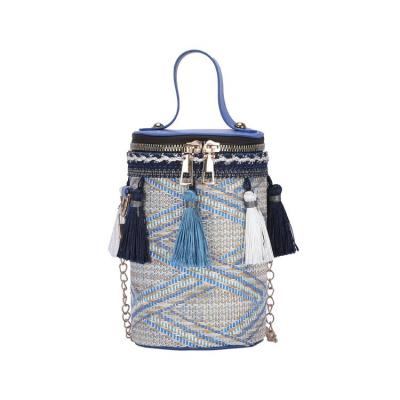 China Wholesale Ethnic Portable Straw Knitted Small Cylinder Bag High Quality Chain Style Shoulder Bag Tassel Fairy Bucket Bag Silk Handbags for sale