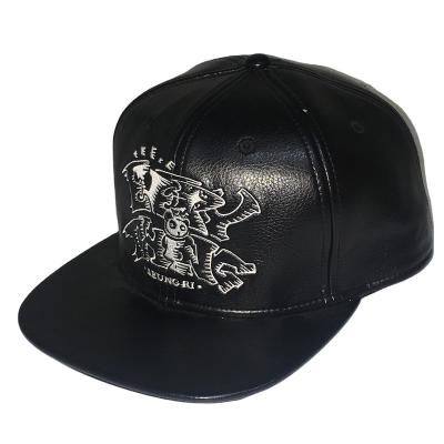 China COMMON Manufacturer High Quality Pure Snapback Black Leather Hats With Flat Brim And Flat Embroidery Logo Design for sale