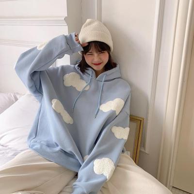 China Anti-pilling Blue Cloud Flocking Cartoon Graphic Design Long Sleeve Pullover Baby Blue Hoodie For Women for sale