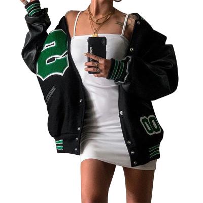 China PU Leather Windproof Sleeve Flocking Logo Stripes Patchwork Oversize Loose Bomber Baseball Jackets Women Embroidery Green for sale