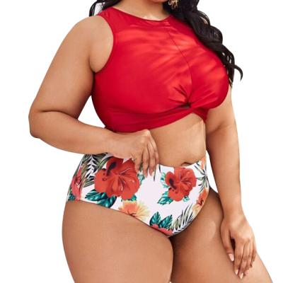 China Breathable Two Piece 4XL Plus Size Red Front Knot Tank Top Bikini Floral Print Beachwear Women Clothing for sale