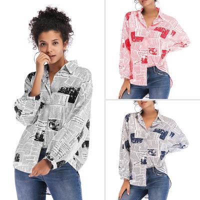 China Breathable Oversized Print Design Long Sleeve Newspaper Decline Casual Collar Shirt White Fashion for sale