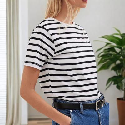 China Unisex Striped Short Sleeve Round Neck T-Shirt Woven Technique Plain Dyed Women's Clothing for sale