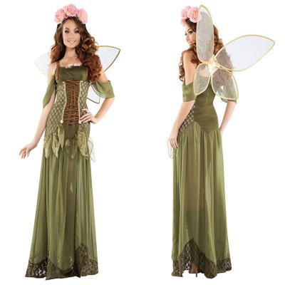 China Women's Halloween Role-Play Forest Princess Costume Green Off Shoulder Long Dress Sets Style for sale