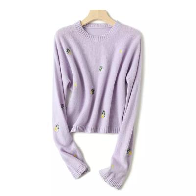 China Anti-wrinkle Sale Hot Spring Loose Round Neck Sweater Knit Women's Slim Flower Embroidered Sweater for sale