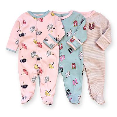 China 100% Cotton Organic Newborn Baby Footed Sleeper Pajamas 3 Pack Long Sleeve Kids Cotton Romper Unisex Blue for sale