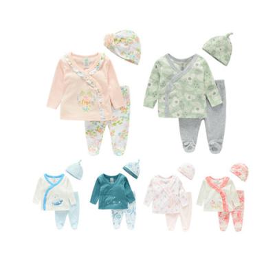 China Breathable 2021 New Design 100% Cotton Newborn 3-Piece Kimono Set Top+Pant+Hat Set Baby Clothing Gift Set for sale