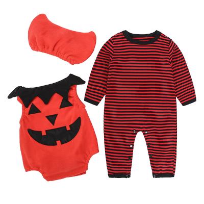 China 95%cotton + Fleece Halloween Baby Pumpkin Sweater Sleeveless Stripes Long Sleeves Overalls With Hat 3 Piece Set for sale