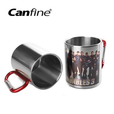 China Wholesale Camping 300Ml Unbreakable Carabiner Cup Wall Stainless Steel Coffee Mug Double Tumblers With Carabiner for sale