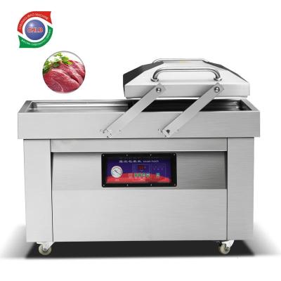 China Commercial Tray Bag Food Household Food Meat Rice Fruits And Vegetables Sealing Skin Double Chamber Vacuum Continuous Packing Machine for sale