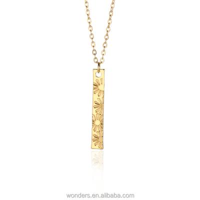 China Trendy Vertical Horizontal Women 3D Daisy Bar Pendant Necklace Tiny Logo Stamped Bar Flower Charm Jewelry for sale