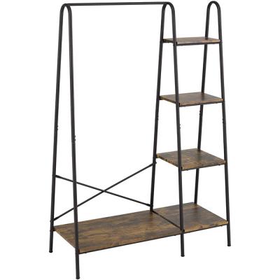 China Fashion Metal Clothes Garment Rack With Wooden 4-Tier Storage Shelves for sale