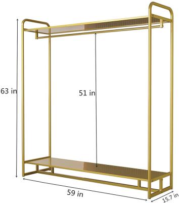 China Modern Fashion Gold Clothing Rack Boutique Display Rack With 2-Tier Shelf for sale