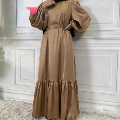 China Other Solid Color Satin Robe For Muslim Women Party Evening Ruffles Modest Abaya Puff Sleeve Islamic Clothing for sale