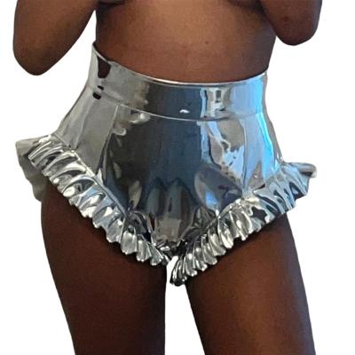 China QUICK DRY Lady Fashion High Waist Booty Summer Shorts PU Faux Leather Silver Metallic Ruffle Shiny Shorts For Women for sale