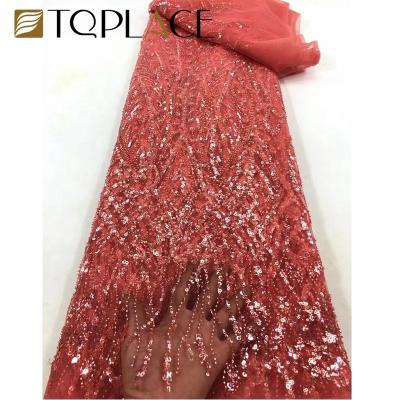 China New Design Tulle Embroidery Viable Quality French Lace With Sequins And Beads for sale