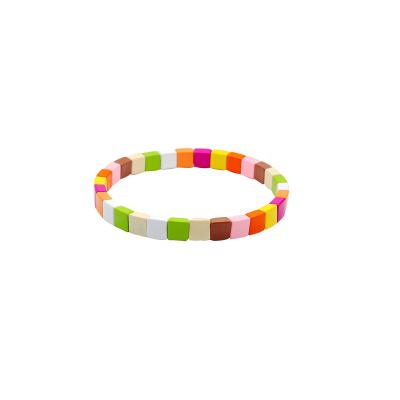 China BOHEMIA 2021 Handmade Rainbows Lucky Bracelet Elastic Tile Enamel Bead Geometric Square Bracelet Men and Women Stack for sale