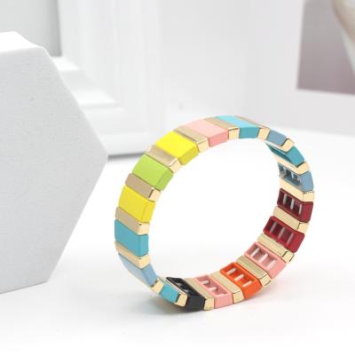 China Colorful BOHEMIA Bohemia Enamel Tile Bracelet Rainbow Tila Bead Bracelets Print Elastic Bangle Bracelets for sale