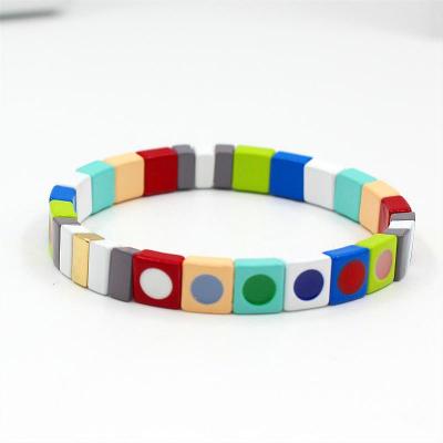 China Factory Direct BOHEMIA BOHEMIA Tile Bracelet Bangle Rainbow Colorful DIY Oil Painting Ladies Ladies Geometric Painting Elastic Bracelet for sale