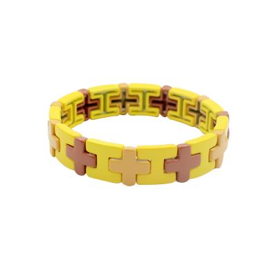 China BOHEMIA Factory Direct Wholesale Plating Rainbow Enamel Bead Bracelet Cross Ceramic Tile Men And Women Elastic Bracelet for sale