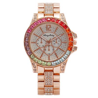 China Non-Specific Color Diamond Fashion Diamond-studded Starry Three-eye Ladies Watch High-end Gold Plated Quartz Watch for sale