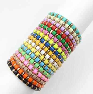 China Hot Sale BOHEMIA Rainbow Bangle Ceramic Tile Stretch Bracelet Enamel Geometric Round Tube Painting DIY Zinc Alloy Bead Bracelet for sale